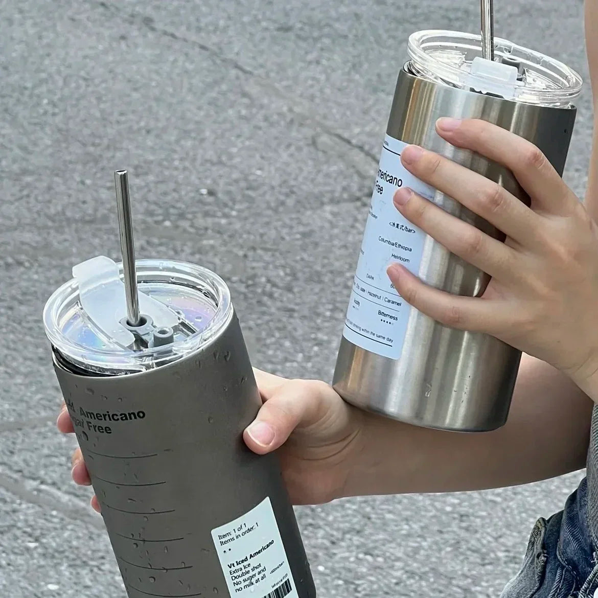 600ml Thermos Cup Portable 304 Stainless Steel Coffee Mug Thermal Leak-proof Water Bottle with Straw Insulated Bottle Drinkware