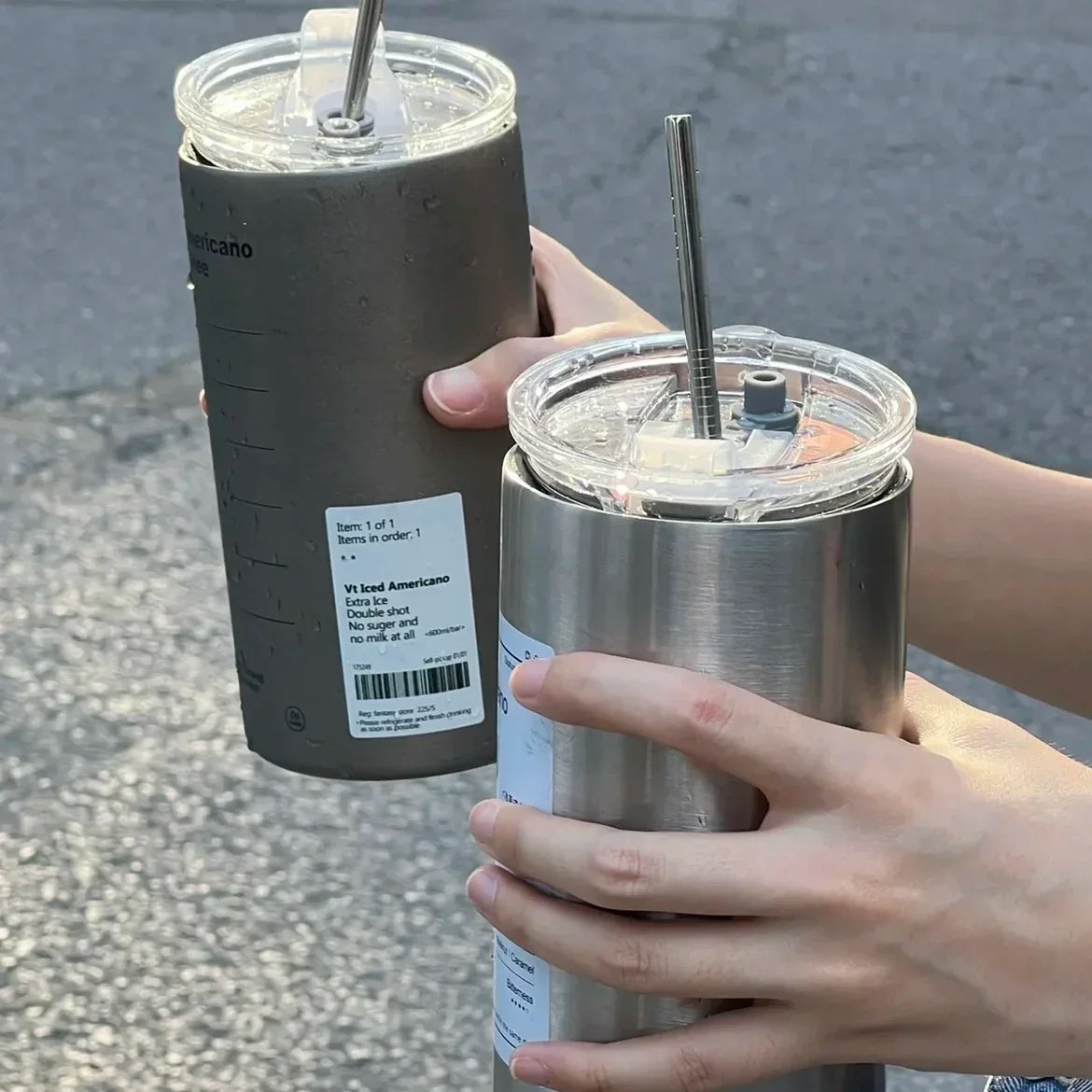 600ml Thermos Cup Portable 304 Stainless Steel Coffee Mug Thermal Leak-proof Water Bottle with Straw Insulated Bottle Drinkware