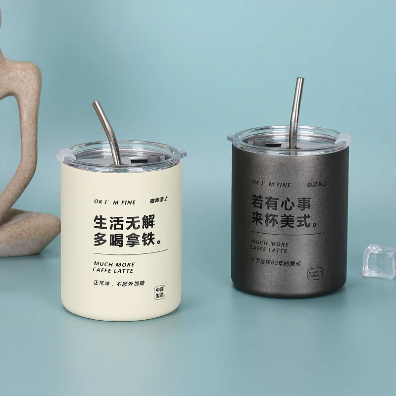 600ml Thermos Cup Portable 304 Stainless Steel Coffee Mug Thermal Leak-proof Water Bottle with Straw Insulated Bottle Drinkware