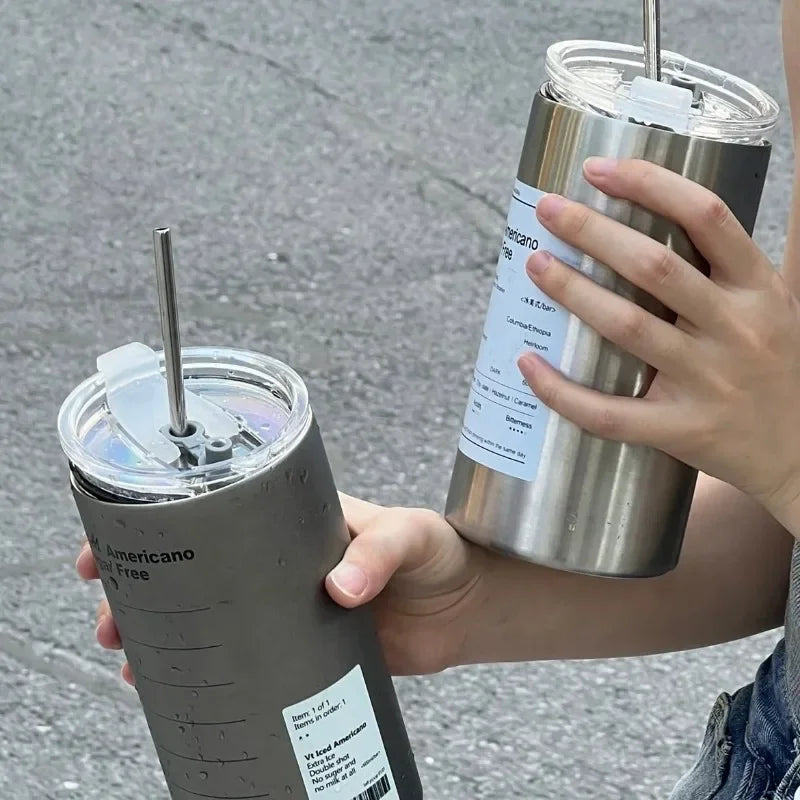 600ml Thermos Cup Portable 304 Stainless Steel Coffee Mug Thermal Leak-proof Water Bottle with Straw Insulated Bottle Drinkware