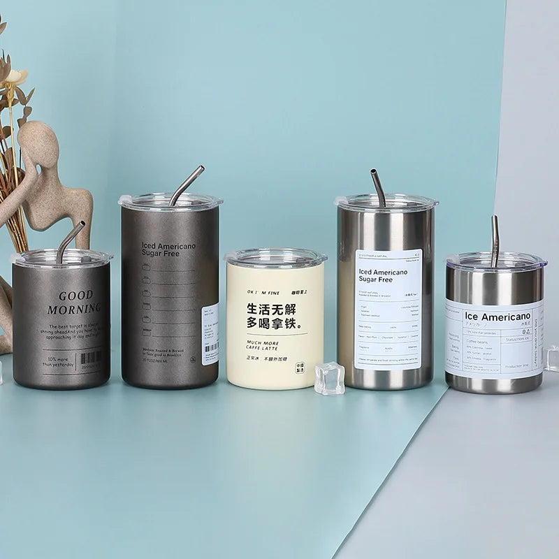 600ml Thermos Cup Portable 304 Stainless Steel Coffee Mug Thermal Leak-proof Water Bottle with Straw Insulated Bottle Drinkware