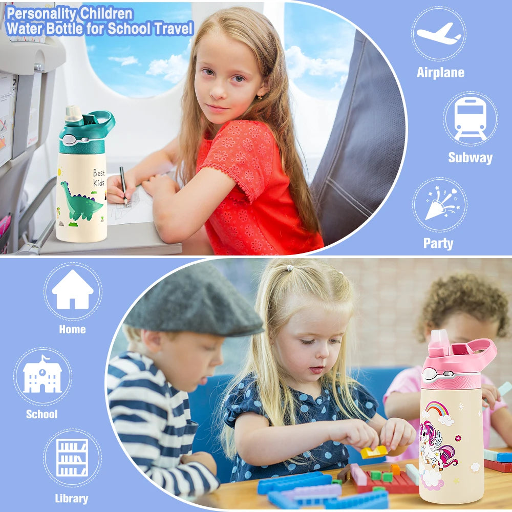 400ML Kids Water Bottle Cartoon Animal Children's Cup With Straw Stainless Steel Vacuum Flacks Thermos Bottle Thermal Mug Cups