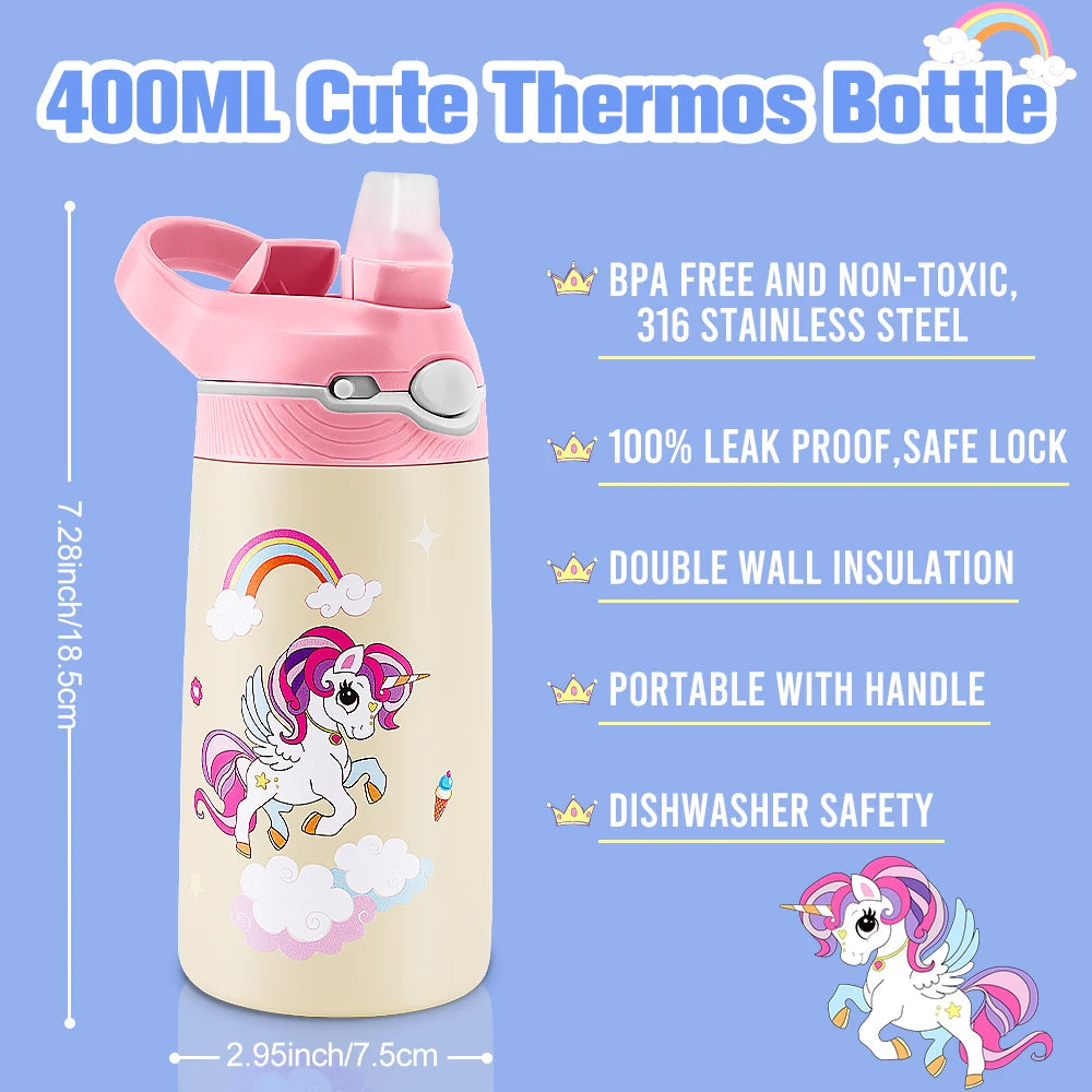 400ML Kids Water Bottle Cartoon Animal Children's Cup With Straw Stainless Steel Vacuum Flacks Thermos Bottle Thermal Mug Cups