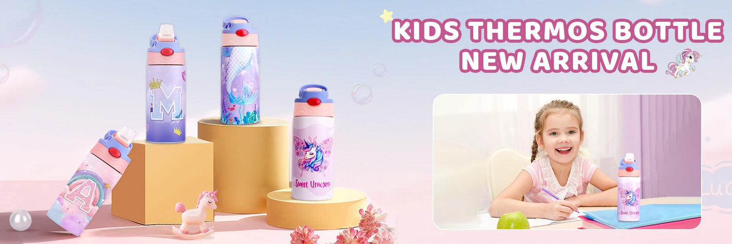 400ML Kids Water Bottle Cartoon Animal Children's Cup With Straw Stainless Steel Vacuum Flacks Thermos Bottle Thermal Mug Cups